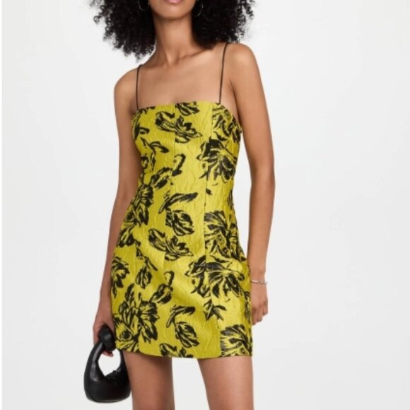 NWT Alice + Olivia Tayla Floral Jacquard Lantern Minidress Citron/Black M $295